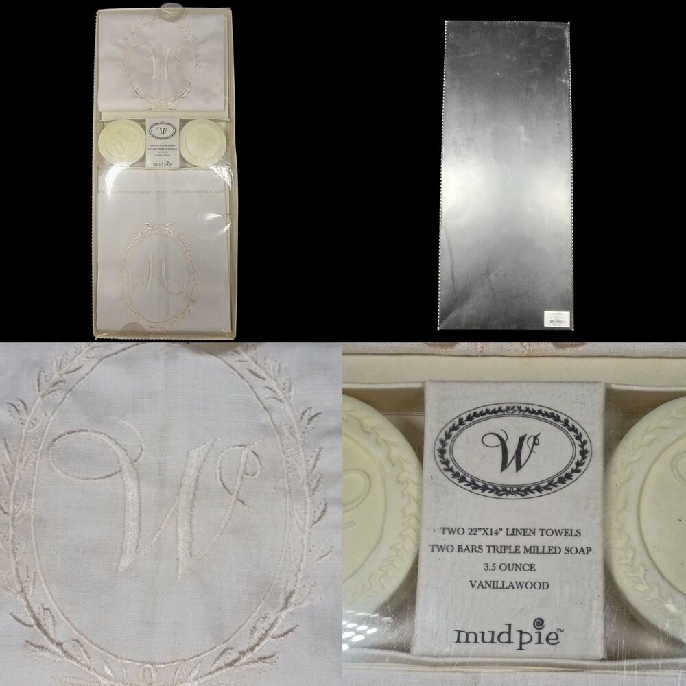 Vintage NIP Mud Pie Monogram Initial Letter “W” Linen Towels and Soap Gift Set